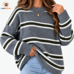Cargoshipers Women's Grey Striped Oversized Crew Neck Knit Sweater