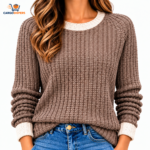 Cargoshipers Women's Taupe Brown Ribbed Chunky Knit Crew Neck Sweater