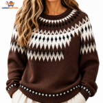 Cargoshipers Women's Brown Fair Isle Geometric Jacquard Knit Sweater