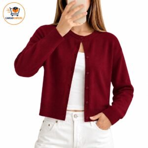 Cargoshipers Women’s Open-Front Button Cardigan – Maroon Ribbed Knit Sweater